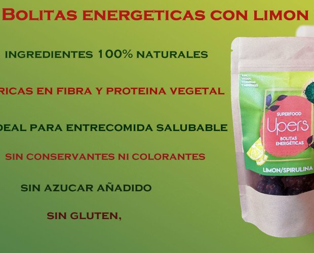 Bolitas energéticas con  limón& spirul. Ingredientes: Datil, coco, pasta de avellana, avena, limón, spirulina