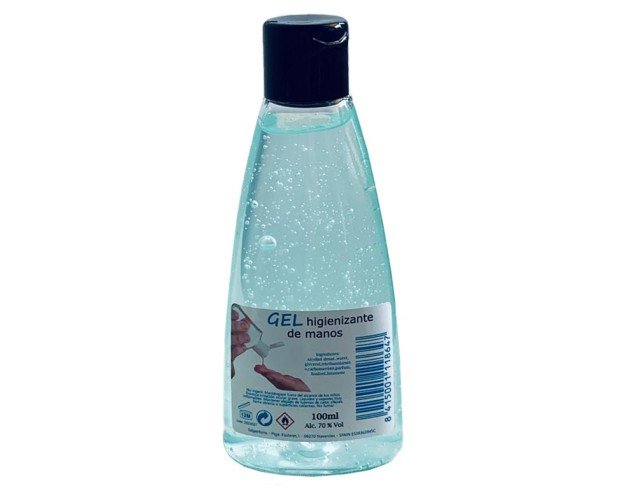 Botella de gel hidroalcohólico. Botellas de 100ml de gel hidroalcohólico