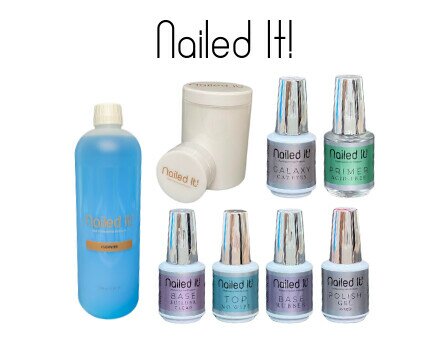 Nailed it. Cleanser, polvo acrílico y diversos esmaltes de colores y funciones de Nailed It.