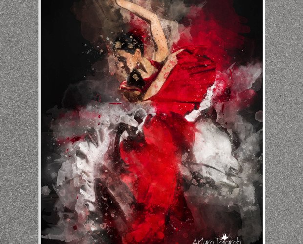 Bailaora Flamenco. Colorida imagen de baile flamenco. Una de las muchas imagenes de la tradicion Española.