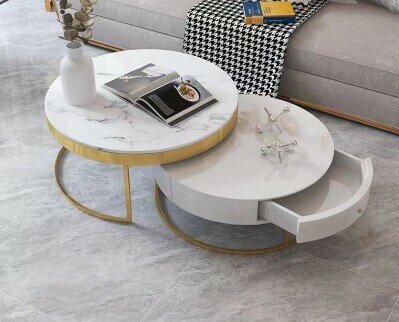 Mesa centro. Conjunto de mesa centro con cajón, encimera de mármol, patas en color dorado.
