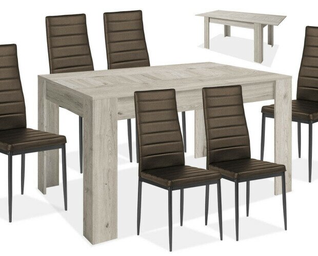 Comedor y sillas. Conjunto mesa comedor y 6 sillas de polipiel marrón y mesa de comedor extensible