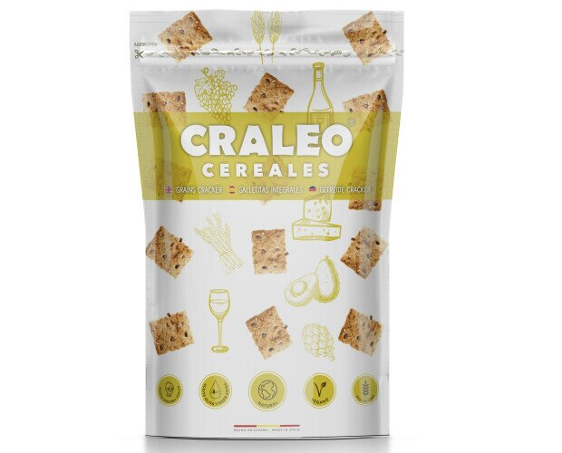 Craleo Cereales. Cracker salado. Snack integral rico en fibra con AOVE.
