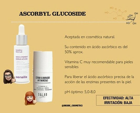 Ascorbyl glucoside. Su contenido en ácido ascórbico es del 50% aprox. Recomendado para pieles sensibles