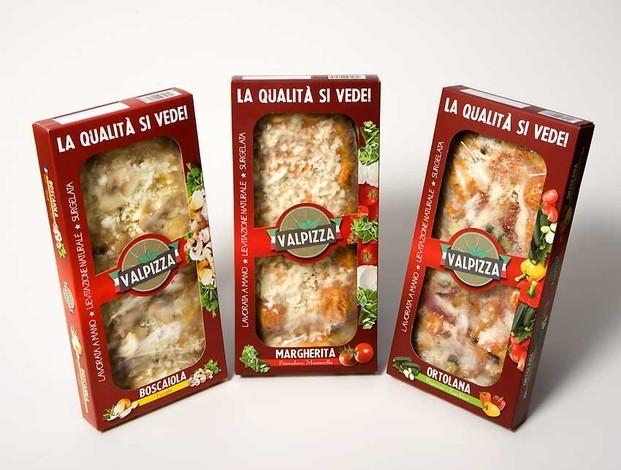 Gamma Le Sbiffie in astuccio. Pizzas para supermercado, tanto redondas como ovaladas.