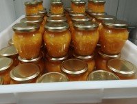 Mermeladas. Mermelada de Naranja Valenciana preparadas para el etiquetado.