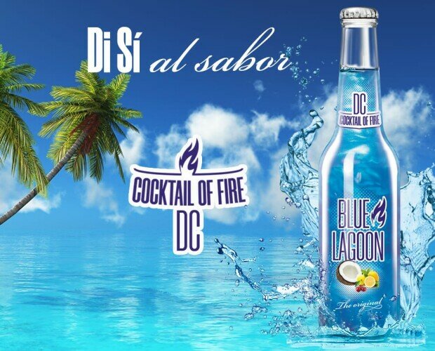 Cocktail Of Fire DC Blue Lagoon. Bebida alcohólica con sabor a piña coco, Curaçao con 5º de alcohol. Formato 330ml