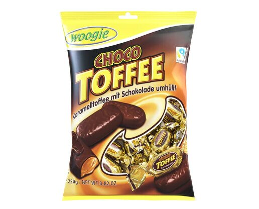 Caramelos choco. Toffee aromatizado con caramelo cubierto con chocolate.