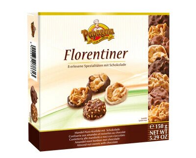 Galletas Florentino. Dulces de almendra y nuez, con chocolate con leche entera, chocolate negro y blanco