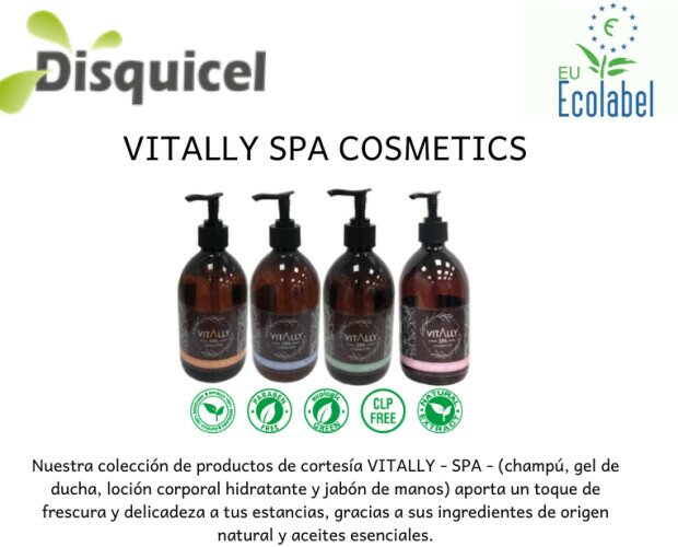 Vitally Spa Cosmetics (ecolabel). - Champú - Gel de ducha - Loción corporal hidratante - Jabón de manos