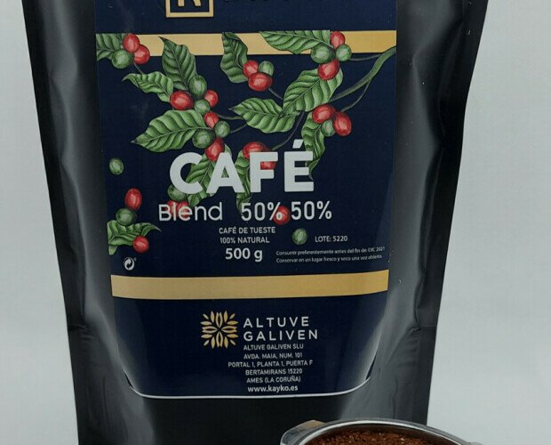 Café de tueste 100% natural. 50% de café arábica origen Brasil y el otro 50% un robusta de origen India.