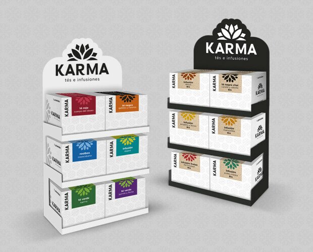 Packaging Karma. Diseño gráfico para packaging. Estuches y expositor.