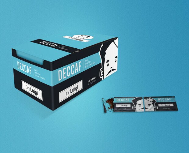 Packaging Don Luigi. Diseño gráfico para estuche y sobres café descafeinado