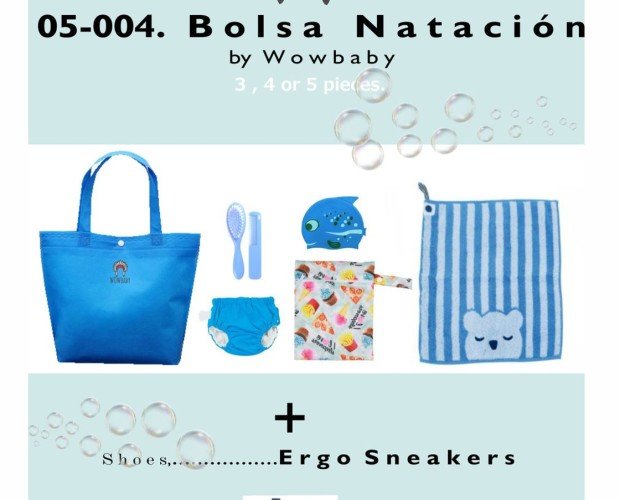 SET NATACIÓN. Bolsa para bebes con 5 piezas, necesarias durante y después de su baño. Tallas 0/6 y 6/12 meses. En Azul, Naranja y Limón