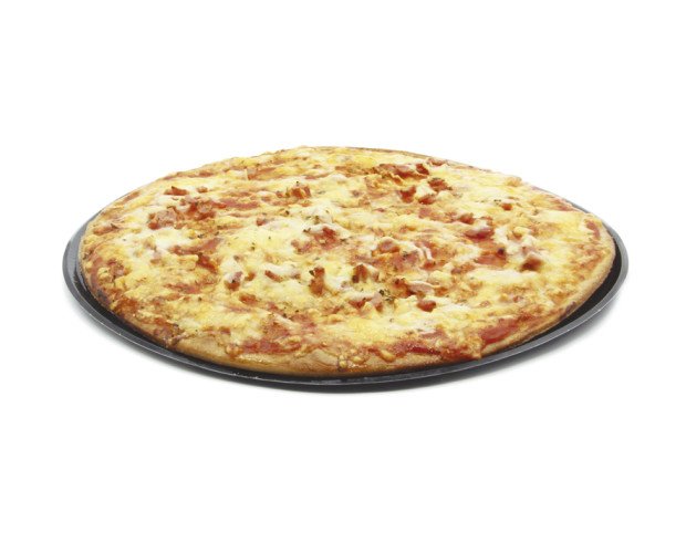 Pizza York Bambino. Base de masa de pan cubierta de jamón york cocido, tomate y queso sin lactosa