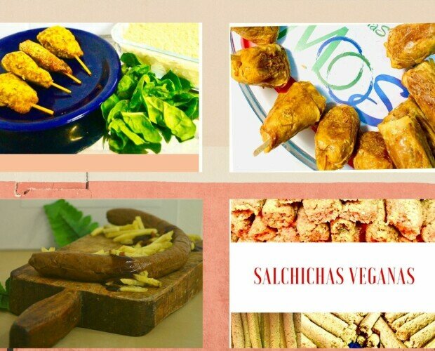 Diversidad de alimentos. varios artículos veganos: muslitos, Nuggets, salchichas, filetes, etc.