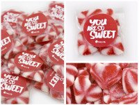 Golosinas. Bolsita rellena con corazones de chuches para regalo corporativo de San Valentín