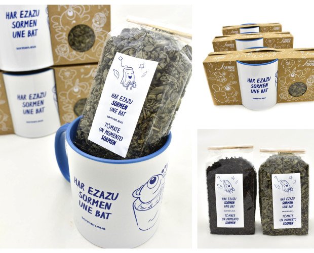 Pack de Té y Taza. Packaging personalizado en material kraft con taza y bolsitas de té verde y té negro.