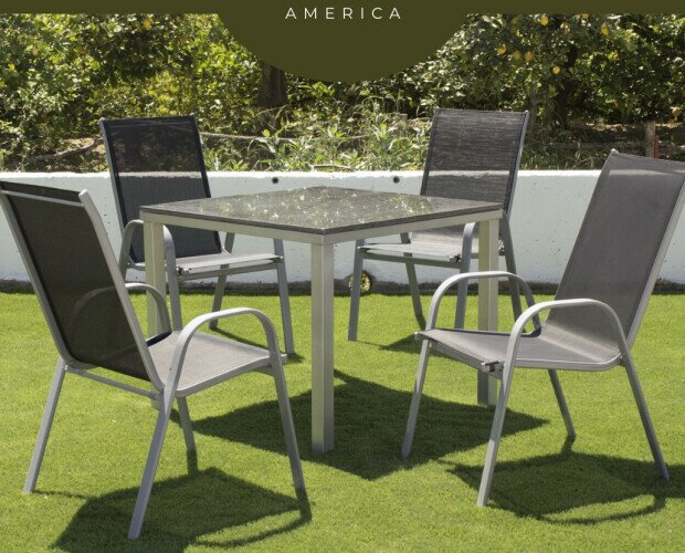 Conjunto exterior América. conjunto compuesto por una mesa de acero y piedra perfecta para todo tipo de jardines