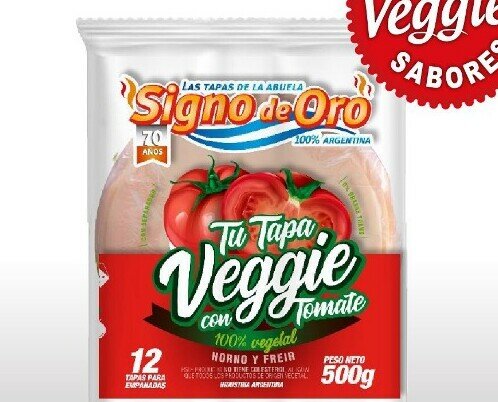 Tapa Veggie sabor Tomate. Tamaño 14 cm por 500g, 12 unidades por paquete. Apto vegano