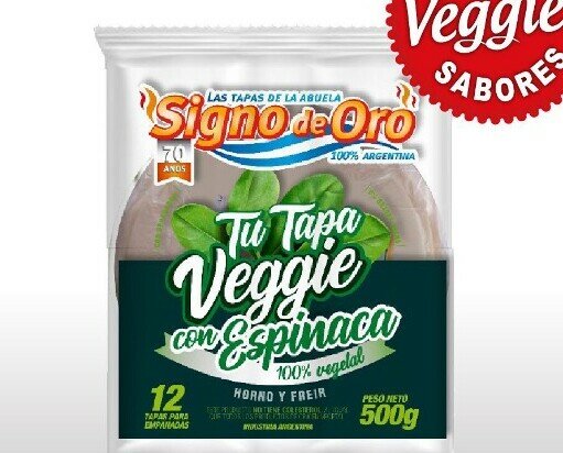 Tapa Veggie sabor Espinaca. Tamaño 14 cm por 500g, 12 unidades por paquete. Apto vegano