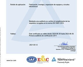 Certificado ISO9001:2015. Certificado de gestión de la calidad ISO9001:2015