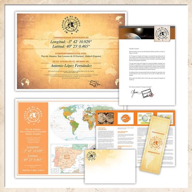 Kit de regalo. Diploma y mapa del registro de un lugar personal