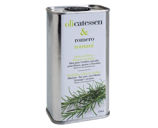 Olicatessen y romero. Aceite de oliva virgen extra y aceite esencial de romero. Ecológico.