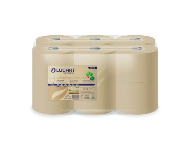EcoNatural L-ONE MINI 180. Bobina de papel higiénico industrial fabricado con fibras naturales. Longitud de 180