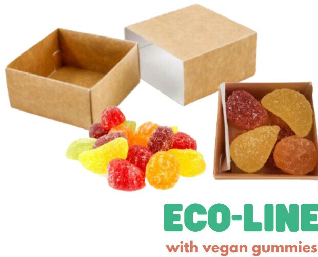 Caja cartón gominolas. Caja de cartón con gominolas veganas, sin gluten y sin colorantes artificiales.