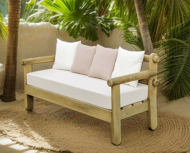 Sofa madera palo redondo. Sofa de madera maciza fabricado en pino autoclave nivel IV con asiento y cojines