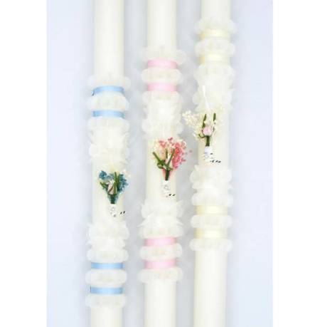 Vela de bautizo cinta y flor (52 x 3,2 cm)